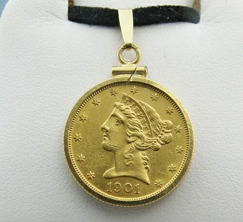 米国1901-S金貨5ドルリバティヘッドハーフイーグルコインペンダント、14Kゴールドセット 718,520円