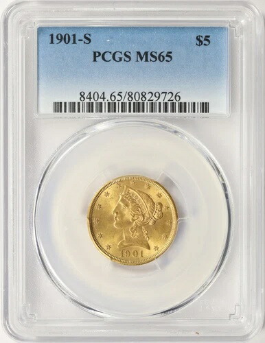 1901-S 5ドル リバティゴールド ハーフイーグル PCGS MS65 720,280円
