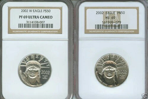 2002-P & 2002-W $50 プラチナ イーグル NGC MS69 & PF69 (PR69) 2 コイン セット !!