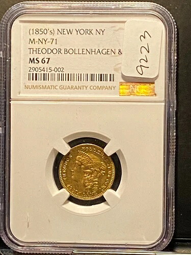 #A9223、トークン NGC 1850年代 NY-71 セオドア・ボレンハーゲン社製 MS67のみ 良好