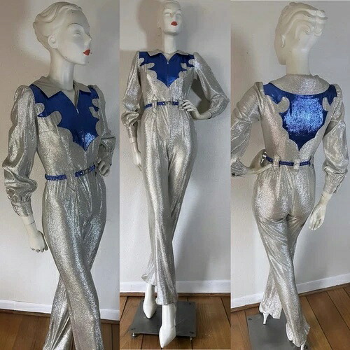 非常にレアな1960年代のシルバー＆サファイアブルーのラメ入りウエスタンジップフロントグラムロックジャンプスーツ