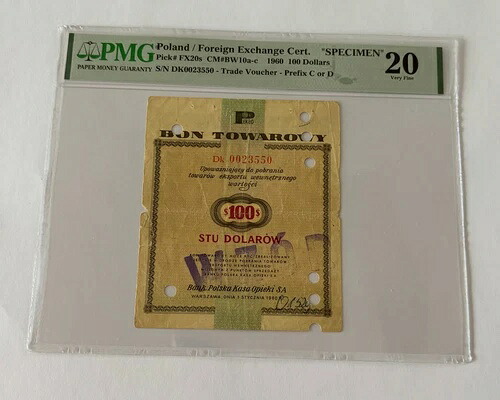 ポーランド 100ドル -1960年-外貨両替証明書 -見本-PMG 非常に良好 20- 非常に希少