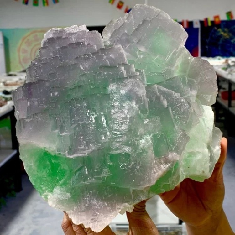 19.44LB 希少透明紫+緑キューブ蛍石鉱物結晶標本