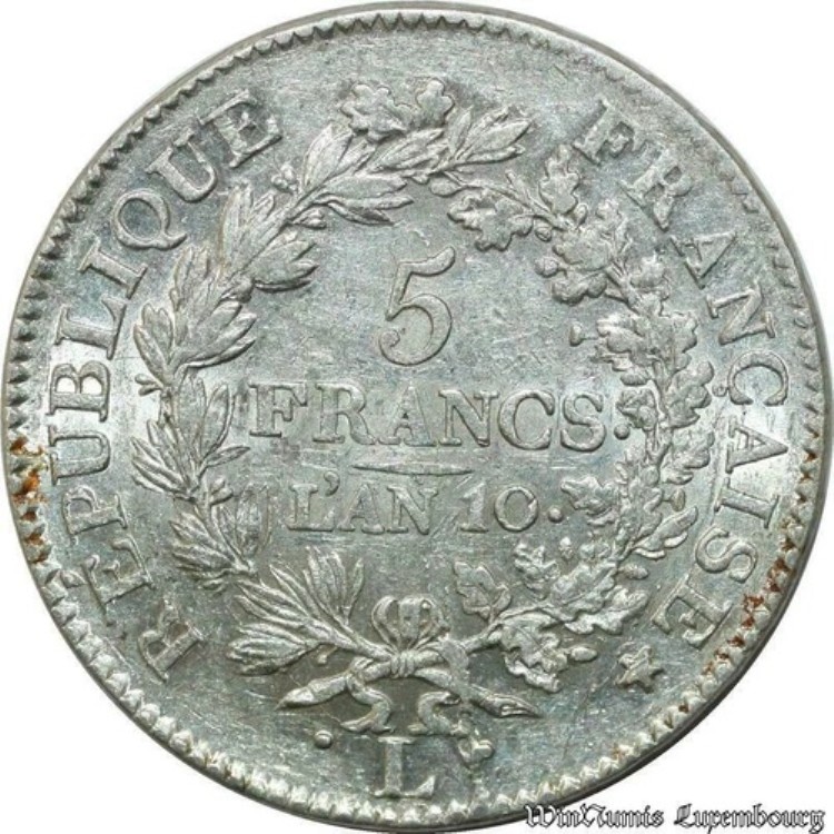 C3663 希少 5フラン ユニオン・エ・フォース 10年 L バイヨンヌ 素晴らしい!!! PCGS AU53-
