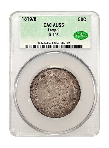 1819/8年 キャップドバスト ラージ 9 O-105 CAC AU55! 希少ハーフダラー 美品