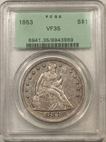 1853 年 リバティ シート ドル - PCGS VF-35、OGH、希少な日付、外観良好、きれい!
