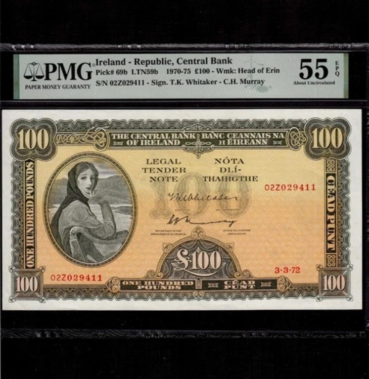 アイルランド 100ポンド 1972 P-69b * PMG AU 55 EPQ * 希少年式 *