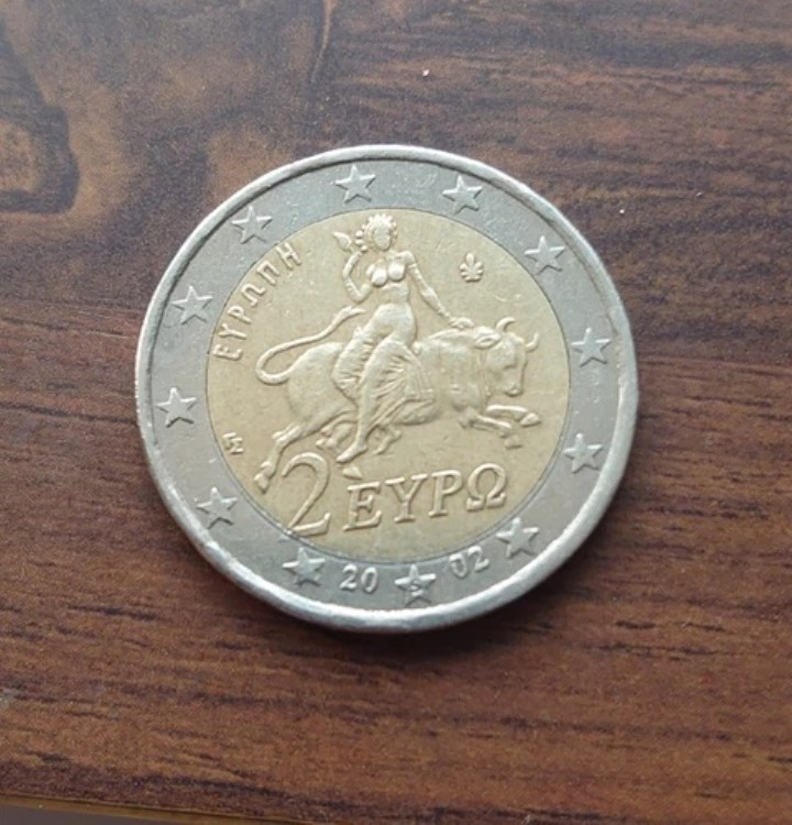 ギリシャの 2 ユーロ コイン、希少、不良、2002 年エラー S 収集用コイン、オリジナル。