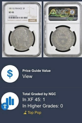 フランス ナポレオン 5フラン 1811年 U.S. NGC XF45。希少。最高の逸品！