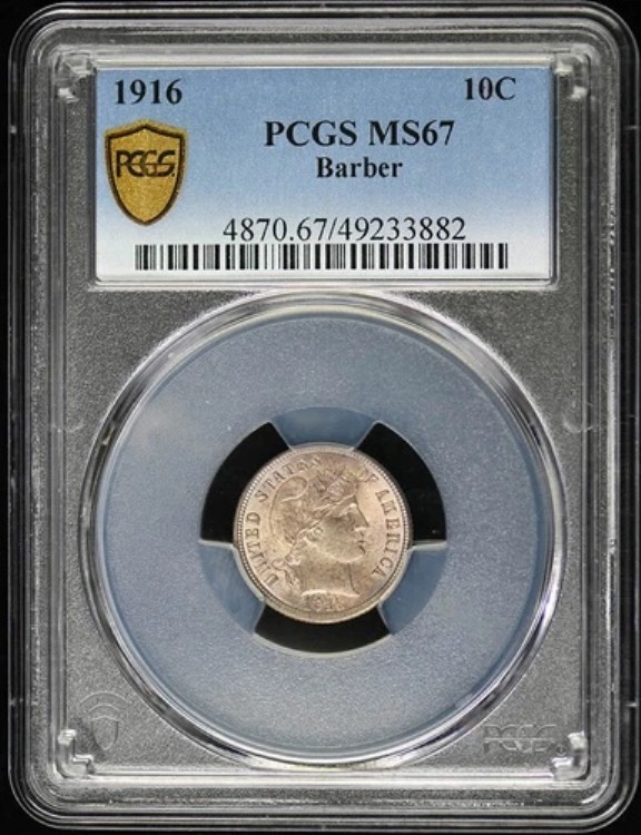 1916年 10セントバーバーダイム PCGS MS67