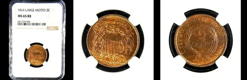 1864年 2C ラージモットー NGC MS65RB PQ 2セント