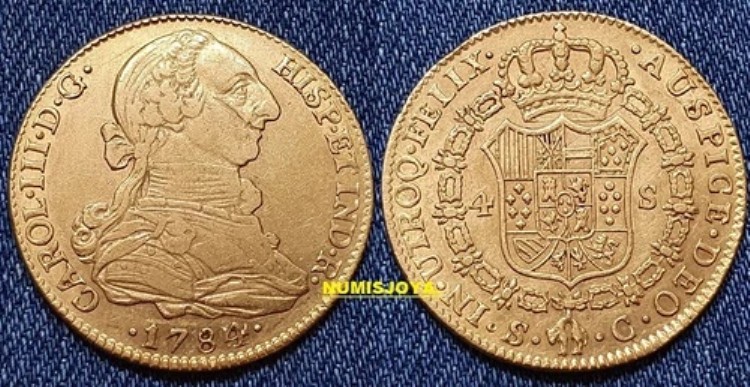 カルロス 3 世 1784 年 C. ボニートス 4 エスクードス ORO デ セビリア。重量 13.46 グラムレア。