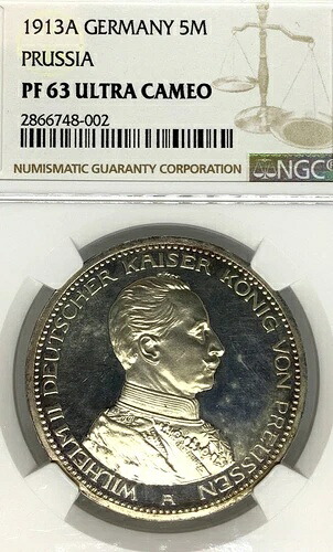 ドイツ諸州 プロイセン 1913年 5マルク硬貨 ターラー ターラー NGC PF 63 UCAMEO プルーフ PP｜WORLD RESOURCE【KING店】 756,360円