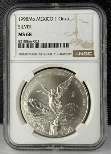 1998-Mo メキシコ 1 オンス シルバー リベルタッド NGC MS 68 - 鋳造枚数はわずか 67,000 枚!
