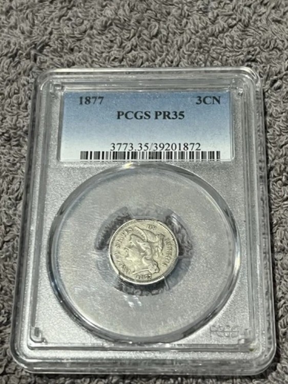 1877年 3セントニッケル 3CN PCGS PR 35。プルーフのみの日付！希少な流通プルーフ！
