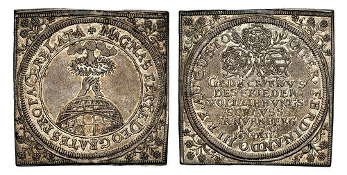 ニュルンベルク。フェルディナンド3世、1650年AR、オフメタルパターン3ドゥカット、クリッペ。NGC AU55