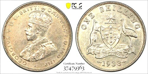 オーストラリア 1933 シリング キー デート ロー ミント、希少 PCGS グレード AU50 非常に希少 #07
