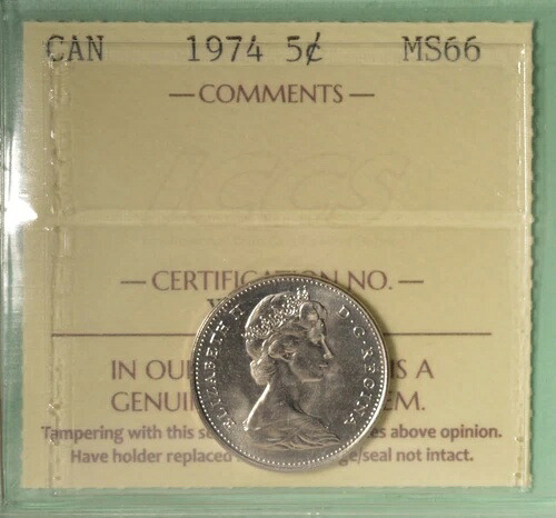 1974年カナダ5セント - グレーディング済み - ICCS MS-66 シリアル番号XMS-898