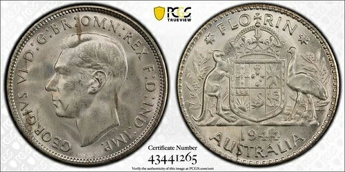 オーストラリア、1944年 - S ジョージ6世フローリン。PCGS MS 65。発行枚数22,440,000枚。｜WORLD RESOURCE【KING店】