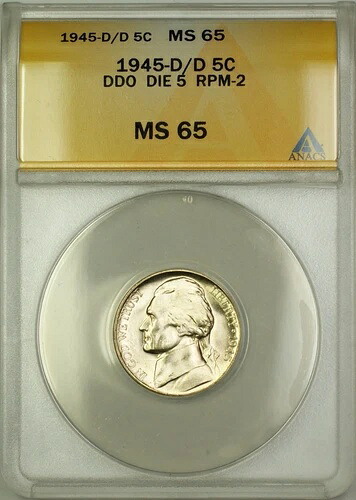1945-D/D RPM-2 DDO DIE 5 戦時中 シルバー ジェファーソン ニッケル 5セント コイン ANACS MS-65 (K)