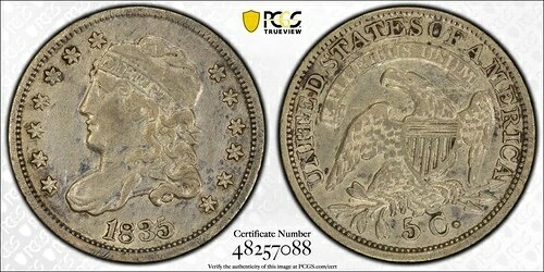 1835年 H10C ラージデイト、ラージ 5C LM-4 キャップドバスト ハーフダイム PCGS XF 詳細クリーニング済み