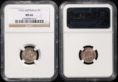 オーストラリア 1910年 ジェムアンサーキュレートスターリングシルバー 3ペンス - NGC MS 66