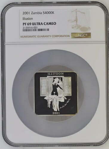 4000クワチャ 2001 ザンビア 窓辺の猫 イリュージョン シルバー プルーフ NGC PF69 希少