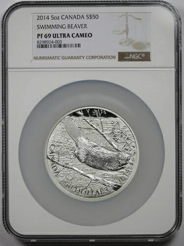2014年カナダ 5オンス シルバー $50 NGC PF69 ウルトラカメオ スイミングビーバー