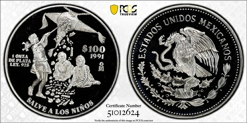 メキシコ 1991 100ペソ セーブ・ザ・チルドレン PCGS Pf69 Dcam トップポップ 希少
