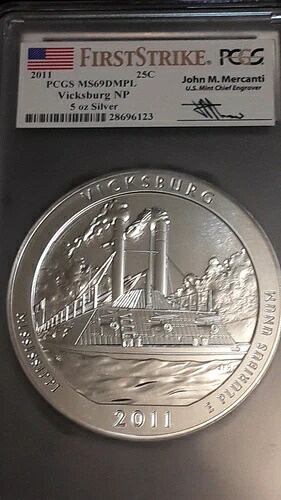 2o11 ビックスバーグ NP 5オンス シルバー ATB 25セント PCGS MS69DMPL ファーストストライク マーカンティ サイン｜WORLD RESOURCE【KING店】