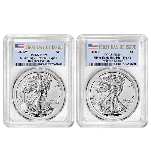2021 リバース プルーフ アメリカン シルバー イーグル デザイナー 2 ピース セット PCGS PR69 FDOI フラッグ...