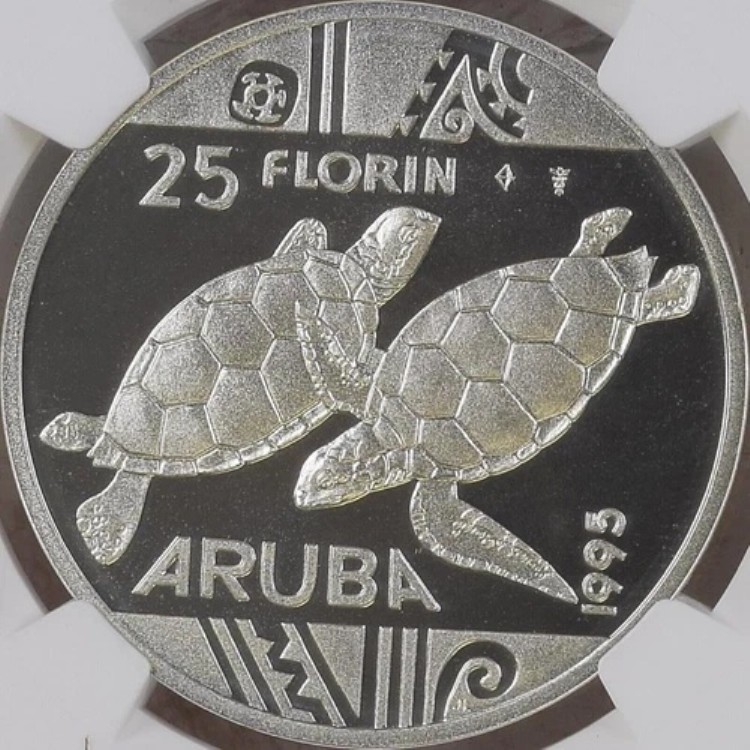 アルバ。25フローリン、1995年、銀貨 - NGC PF68 - ウミガメ、?? トーン付き、希少｜WORLD RESOURCE【KING店】