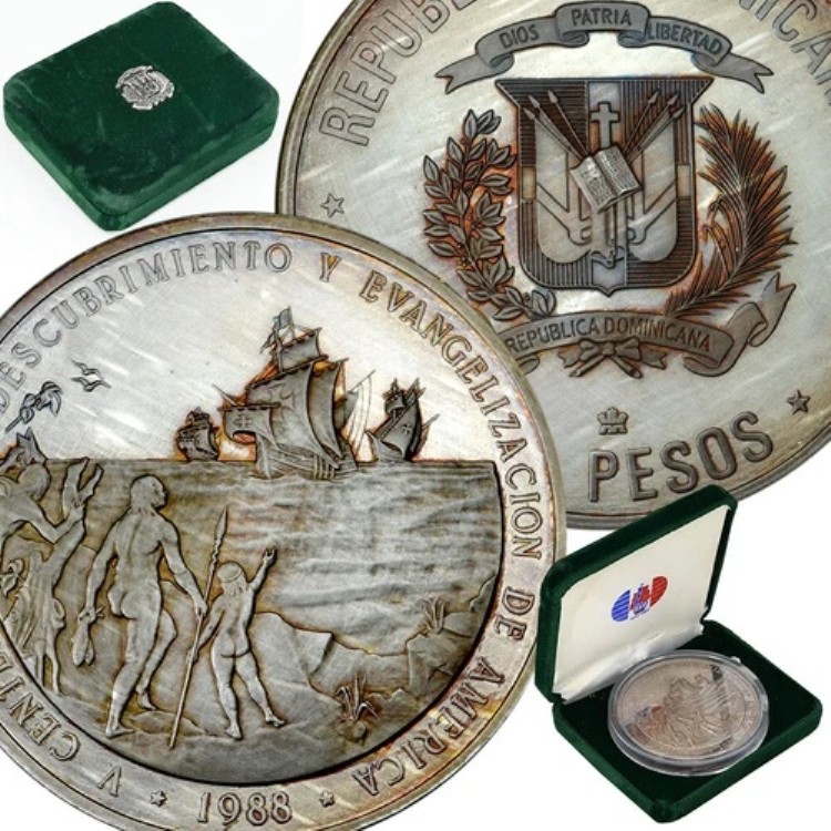 ドミニカ共和国 100ペソ 1988年 銀貨 5オンス プルーフ アメリカ大陸発見 - ネイティブ /船舶