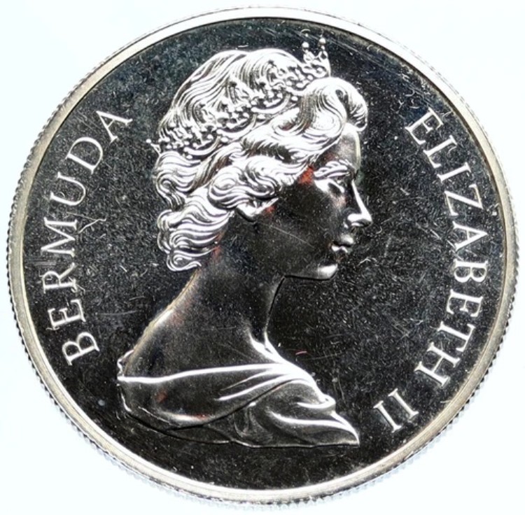 1972年 バミューダ 英国 エリザベス2世 フィリップ王子 結婚記念 プルーフ銀貨 1ドル i96898