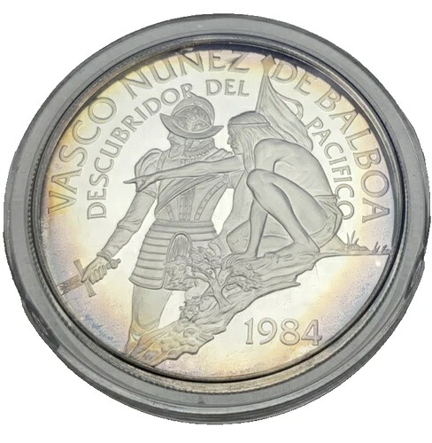 1984年パナマ20バルボアプルーフ銀貨；コンキスタドール・バルボア；オリジナルボックス、COA付き