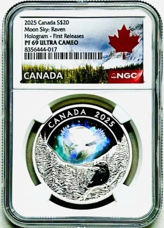 2025年 20ドル カナダ 1オンス シルバー ムーン スカイ レイヴン NGC PF69 プルーフ ホログラム FR *POP~17｜WORLD RESOURCE【KING店】