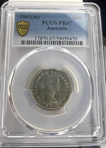 1961年 M オーストラリア プルーフ シリング、KM# 59、発行枚数 1506枚、QEII、TOP POP、PCGS PR 67