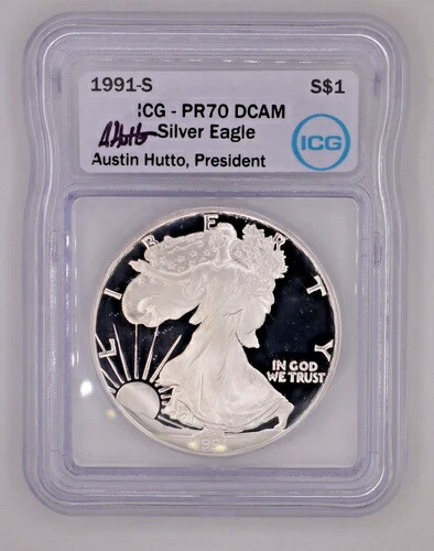 1991-S アメリカン シルバー イーグル プルーフ ? ICG PR70 DCAM ? オースティン・ハットー直筆サイン入り