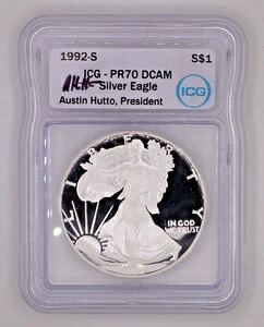 1992-S アメリカン シルバー イーグル プルーフ ? ICG PR70 DCAM ? オースティン・ハットー直筆サインラベル
