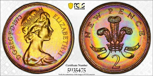 PR66BN 1973年 イギリス 2ペニー プルーフ、PCGS トゥルービュー - 鮮やかなレインボートーン