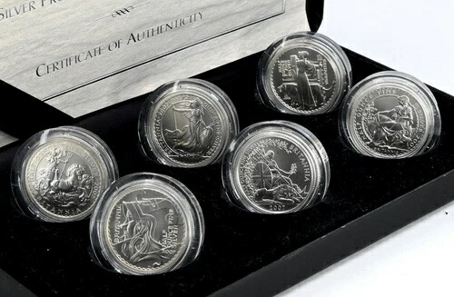 英国 2007年「ブリタニア20周年記念」1ポンド銀貨サテンプルーフ6枚セット