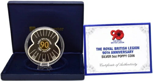 シルバープルーフ5オンスコイン、英国在郷軍人会90周年記念、ポピー型、11.11.11。BOX + COA