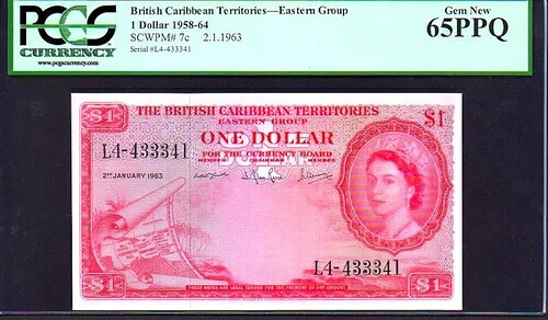 イギリス領カリブ海地域 P7c $1「地図メモ」1963 PCGS 65PPQ! 極めて希少!｜WORLD RESOURCE【KING店】