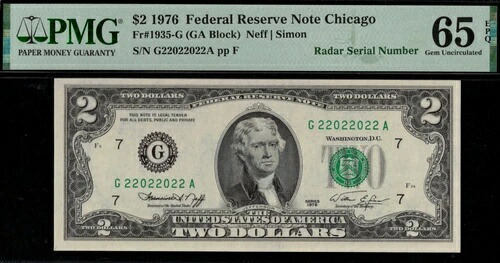 1976年 $2 FRN G22022022A P.M.G #65EPQ