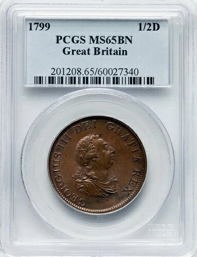 英国 - ジョージ 3 世 - 1799 年 ハーフ ペニー - PCGS MS65BN - 表面は完璧!｜WORLD RESOURCE【KING店】