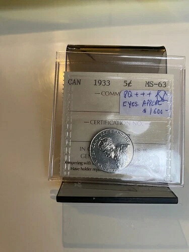 カナダのコイン：1933年5セント、非常に希少な高品位、ICCS-63。推定価格：1,700ドル｜WORLD RESOURCE【KING店】