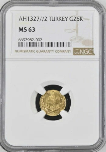 トルコ - オスマン帝国、金貨 25 クルシュ スルタン モハメド 5 世 1327/2 - NGC MS 63、RARE3