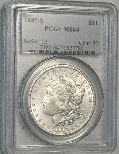 1887-S モーガン ドル PCGS MS64 - 希少 - 鏡面/プルーフのよう - 素晴らしい!