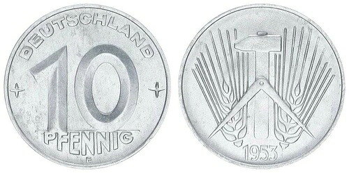 GDR 10 Pfennig 1953 E 希少年/ミントマーク Prfr-St. Wangmo. スポット 76811