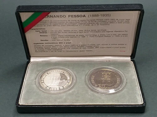 レア ポルトガル 1985 100$00 BU & シルバー プルーフ コイン セット フェルナンド ペソア 箱付き